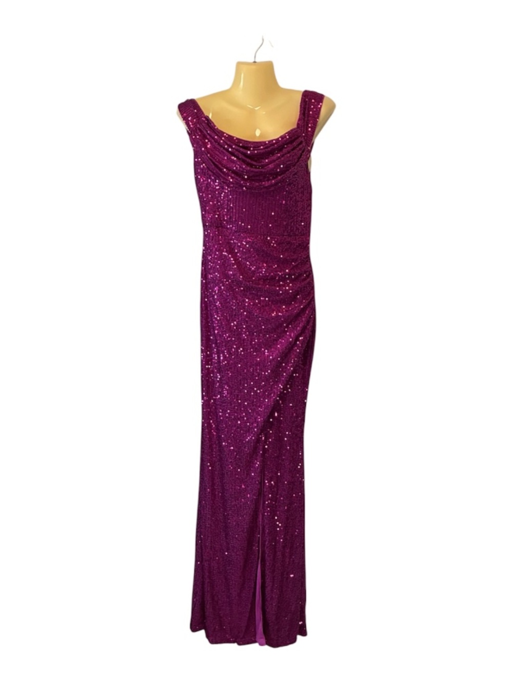 Faeriesty Sequined Maxi Dress Draped Neck Front Slit Formal Magenta Pink Large